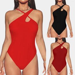 Women's Swimwear Crisscross Halter Neck Sexy Swimsuit One Piece Beach Wear Summer Solid Color Cut Out Backless Asymmetrical Bathing Suits