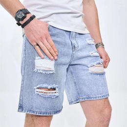 Men's Jeans Summer Men Holes Stylish Beach Slim Fit Denim Shorts Street Male Ripped Solid Straight Casual Five-point Pants