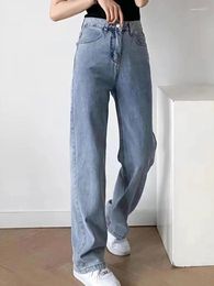 Women's Jeans Evfer Spring Fashion Back Burr Two Big Pockets Straight Long Chic Lady Casual Zipper High Waist Blue Pants