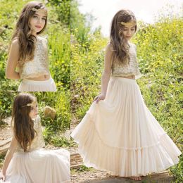 Champagne Sequined Two Pieces Flower Girls Dresses For Wedding A-Line Junior Bridesmaid Dress Floor Length Chiffon First Communion Gown 205u