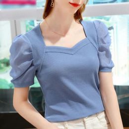 Women's Blouses Women Blouse Solid Color 3/4 Sleeves Lady Pullover Top Casual Square Collar Summer T-shirt For Daily Life