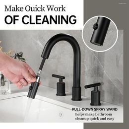 Bathroom Sink Faucets Matte Black Pull Down Faucet 8 Inch Widespread 3 Hole With Sprayer 2 Modes.Brushed Nickel Tap