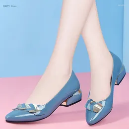 Dress Shoes Single Women's Low-heeled Pumps 2024 Patent Leather Ladies Blue Small Large Size 41