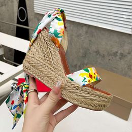 Real Silk Ankle Strap Wedge Sandals Platform Espadrilles Sandal Women High Heels Summer Adjustable Wedding Dress Shoes With Box 565