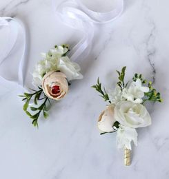 Decorative Flowers Wreaths White Corsage Artificial Flower Silk Wrist For DIY Wedding Party Decoration Men039s Fake3657646