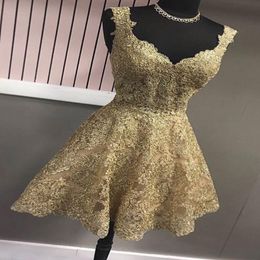 Gold V neck Homecoming Short Prom Dresses Cheap V neck With Straps Lace Bodice A line Princess New 2022 Graduation Party Formal Dress 290N