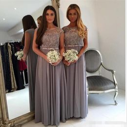 Silver Lace Chiffon Modest Bridesmaid Dresses With Cap Sleeves Sheer Top A-line Floor Length Rustic Formal Brides Maid Gown Robe 222W