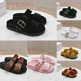 2024 Triangle buckle Mules lopard printed suede leather slides Slippers for Women Velvet Strap Mule with Buckle Double straps designer sandals summer platform shoe