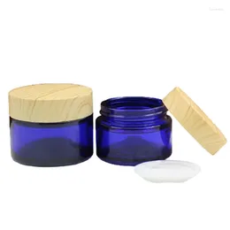 Storage Bottles Glass Cosmetic Cream Jar Pot Blue Eye Skin Care Container 30g 50g 15pcs False Wooden Lid Makeup Face Lotion