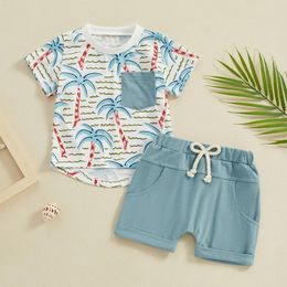 Clothing Sets 0-36months Baby Boys Summer Set Round Neck Short Sleeve Coconut Tree Print Tops Elastic Waist Shorts Toddler Outfits