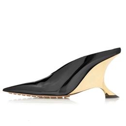 Pointed Strange Heels Gold Shallow Designer Slippers Fashion Wedge Sandals Female Patent Leather Sexy Pumps Women