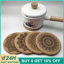 Table Mats 8/6pcs Wooden Cup Coast Pan Pat Nordic Mandala Designed Vintage Round Shape Heat Insulation Pad Cork Mat Decor