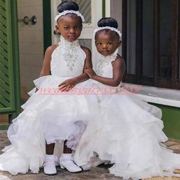 Fashion High Low Beads Flower Girls Dresses Ball Girls Organza Party Baby Birthday Gowns Toddler Kids Formal Ball First Communion Dress 2255