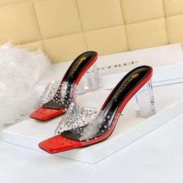 Slippers Summer Women PVC Square Head Red 7cm Champagne Slides Shoes Nude Transparent Heels Bling Concise White Sandals 34-40