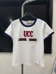 Women Colour block o-neck short sleeve logo letter embroidery designer summer t-shirts SML