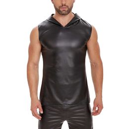 Mens Plus Size Soft Matte Hoodies Sleeveless Shiny Leather V-neck Tank Tops Male Elastic Casual Pullover Streetwear Tees Catsuit Costumes