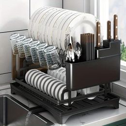 Kitchen Storage 2 Tier Dish Drying Rack Bowl Drainer Tableware Drain Chopsticks Knife Fork Water Cup Holder