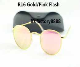 1pcs High Quality Fashion Round Sunglasses Sun Glasses Gold Metal Pink Mirror 50mm Glass Lens For Men Women With Better Case9281892
