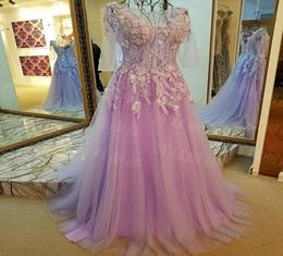 Light Purple prom dresses fairy long sleeves sweep train pleats tulle applique with beading laceup back runway gowns sexy illusio3351338