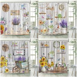 Shower Curtains Flowers Lavender Vintage Antique Wood Bath Curtain Sunflower Floral Bathroom Decor Polyester Waterproof Hooks