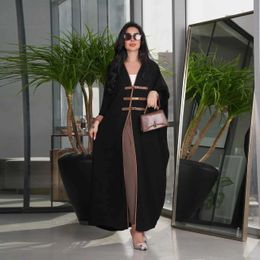 Ethnic Clothing 2024 New Dubai Fashion Modest Solid Open Kimono Abayas Leather Buckle Long Slve Contrast Color Robe Ramadan Muslim Women Robe T240510