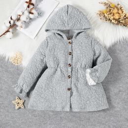 Jackets Kids Girls Est Winter Warm Coat Flower Jacquard Long Sleeve Front Button Hooded Grey Smocked Waist Jacket 3-7Years