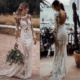 Sexy Illusion Bodice Mermaid Wedding Dresses Jewel Neck Lace Applique 2019 Backless Custom Made Sweep Train Long Sleeves Wedding Gown 287P