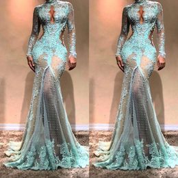 High Neck Luxury Full Lace Pearls Mermaid Evening Dresses Dubai See Through illusion High Split Formal Prom Cutaway Side Celebrity Gown 271w