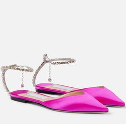 Fashion Summer Saeda Sandals Shoes Women Flat Crystal Chain Straps Glitter Pointed Toe Nice Lady Walking Luxury Footwear EU35-43 #07996