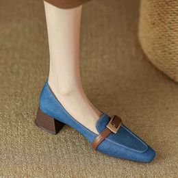 Retro Denim Mid-heel Loafers Pumps Belt Buckle Square Head Shallow Casual Blue Comfort Chunky Mule Shoes Women