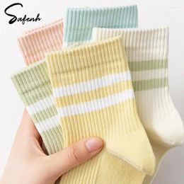 Women Socks 1Pair Breathable Cotton Hip Hop Soild Harajuku Skateboard Colourful Stripe Student Sweat-absorbing Sports