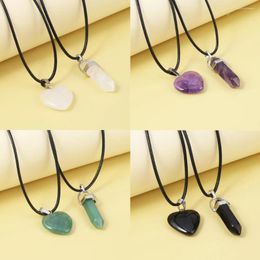 Pendant Necklaces Couple Heart Shape Natural Stone Necklace Amethyst Pink Crystal Opal Obsidian Hexagonal Prism Jewellery Gift Pair