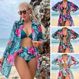 Women's Swimwear 2024 Floral Women Sexy Bathing Suits Stylish Three-piece Bikini With Swimsuit Set Mesh Covers And Print Short For Girls