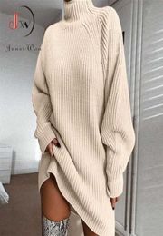 Women Turtleneck Oversized Knitted Dress Autumn Solid Long Sleeve Casual Elegant Mini Sweater Plus Size Winter Clothes 2111012341482