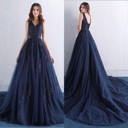 Navy Blue Formal Dresses Evening Plus Size 2022 V-neck Cap Sleeve Empire Waist Prom Dress Lace Applique Beaded Sequins Graduation Dress 247M