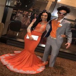 2019 Black Girls Orange Prom Dresses Long Sleeve Lace Applique Mermaid Evening Dress For Women's Party Gown With Sweep Train 2395