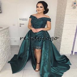 Elegant Off Shoulder Emerald Green Arabic Evening Dress with Detachable Train Kaftan Dubai Women Plus Size Formal Prom Dresses 215t