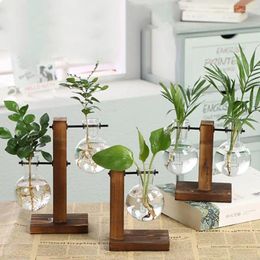 Vases Wooden Frame Glass Vase Hydroponic Plant Vintage Flower Pot Transparent Tabletop Plants Bonsai Home Decorations