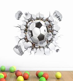 3d Football Soccer Fire Playground Broken Wall Hole view quote goal home decals wall stickers for kids rooms boy sport wallpaper6214753