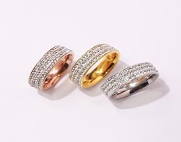 New Arrival Fashion Lady 316L Titanium Steel Three Rows White Diamond 18k Gold Plated Engagement Wedding Rings 3 Colour Size 697445845