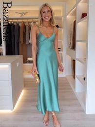 Casual Dresses Bazaleas Elegant Green Satin Long Dress Official Store Backless Party Sexy Spaghetti Straps Evening