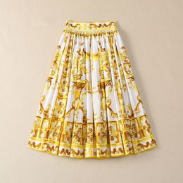 Europe and the United States women's 2024 summer new Yellow court print Fashion cotton pleated skirt XXL