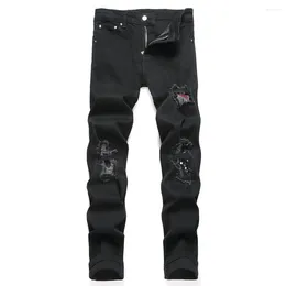 Men's Jeans Men Crystal Rivet Stretch Denim Punk Patches Holes Ripped Pants Black Slim Straight Trousers