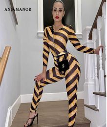 ANJAMANOR Letter Print Striped Mesh Sheer Sexy Two Piece Matching Sets Women Club Outfits Long Sleeve Bodysuit Leggings D37AD15 T4118016