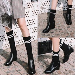 Boots Slim Stretch Fabric Knee High Women Sexy Black Ladies Wedge Heel Shoes Fad Knitting Sock Plus Size 8