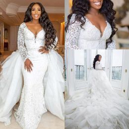 plus size mermaid wedding dresses with long sleeve modern detachable train lace pearls african garden beach wedding gowns 246W