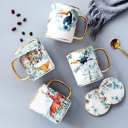 Mugs Creative Golden Handle Animal British Ceramic Mug Water Cup Nordic Afternoon Tea Coffee With Lid Spoon