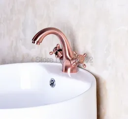 Bathroom Sink Faucets Antique Red Copper Basin Faucet Single Hole Deck Mounted Mixer Taps Dual Cross Handle Lnf252