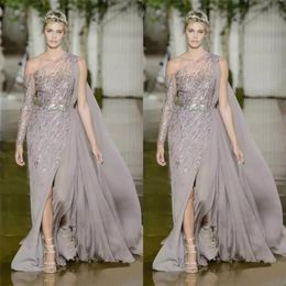 2018 Modest Zuhair Murad Prom Dresses With Metal Belt Tulle Sequins A-Line Split One Shoulder Plus Size Evening Gowns 260S