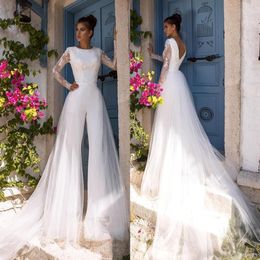 Boho Beach Modest Long Sleeve Jumpsuits Wedding Dress With Detachable Train Lace Bohemian Wedding Dress Bridal Gowns Vestido De Noiva 299w